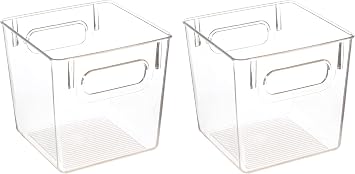 Amtido Clear Plastic Storage Bins for Fridge-Freezer, Cupboard, and Pantry Tidy - Kitchen Organiser for Food, Fruit, Vegetable, Cleaning Products & Household Items 2-Pack - Compact 15.5cm x 15.5cm