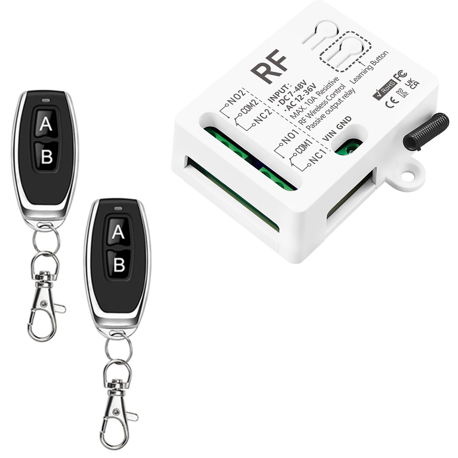433 MHz RF-Funkfernbedienungsschalter mit 2 Sendern DC 7V 12V 24V 36V 48V AC 12V 24V 36V 10A 2 Kanal Relaisempfänger für elektrischen Vorhang, Garagentor, Motorlicht, Funksteuerschalter