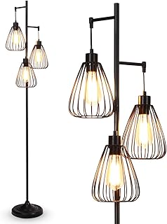 COSTWAY Industrial Floor Lamp, 3-Light Metal Cage Standing Lamps with Foot Switch, Tall Tree Floor Lighting for Office Bedroom Dining Living Room, Bulbs Not Included