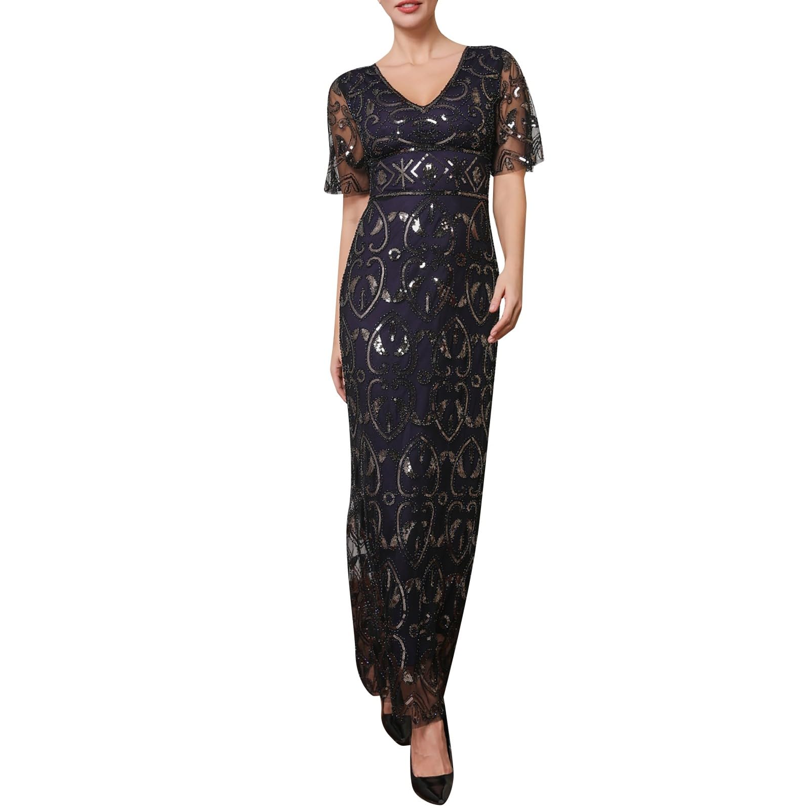 Elegante Vestido de Noche Largo con Bordado en Lentejuelas y Detalles de Malla para Eventos Formales Banquetes y Celebraciones