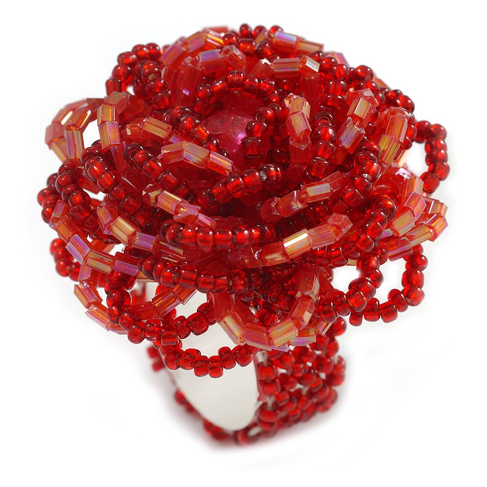 Avalaya35mm Diameter/Red/Blush Red Glass Bead Layered Flower Flex Ring/Size M