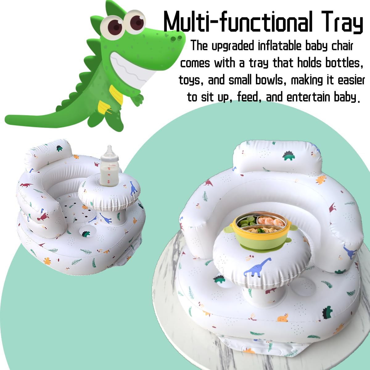 Seggiolino gonfiabile per bambini da 4 a 24 mesi con pompa ad aria integrata, supporto per la schiena per bambini, sedia per sedersi, sedia per baby shower, sedile (Dinosauro)
