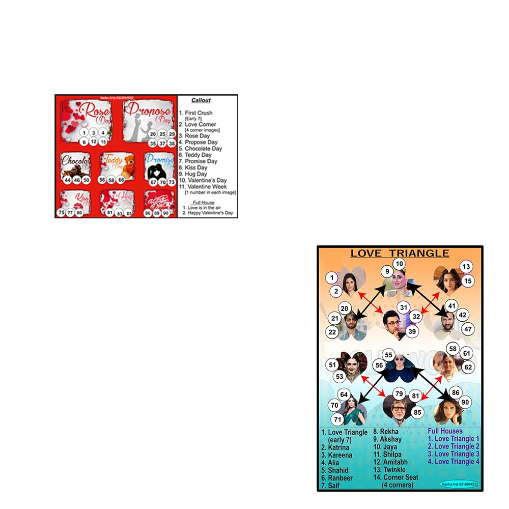 Kanha Arts Love Triangle Tambola & Valentine's Tambola Durable Hard Card Sheet Material for Interactive Learning & Play
