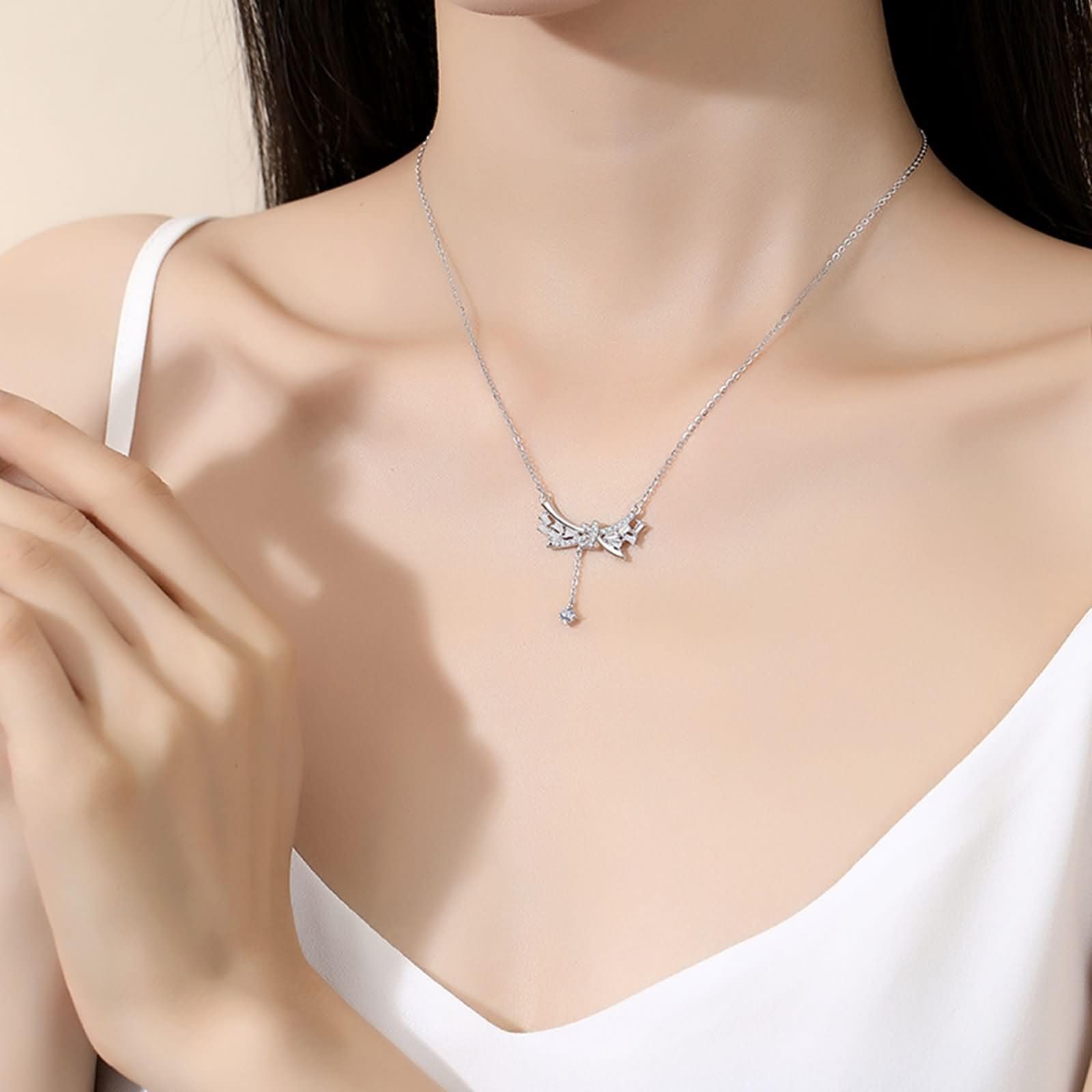 Catenina Collana per Ciondolo Oro Bianco 9K/14K/18K Donna, Fiocco con Moissanite, Catenella Collana Argento