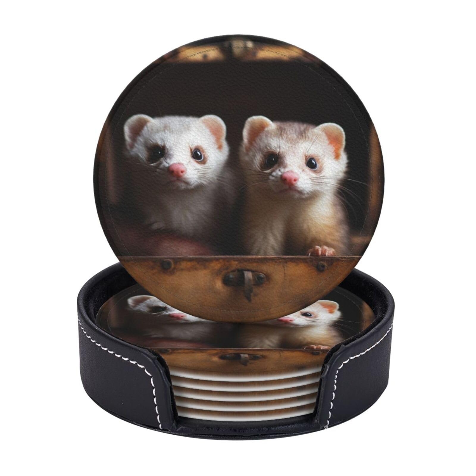 Coasters Set of 6 Leather Drink Coasters with Holder Two Ferrets Coasters for Drinks Heat Resistant Coaster Round Coffee Cup Mat Pad for Kitchen Office Home Decor