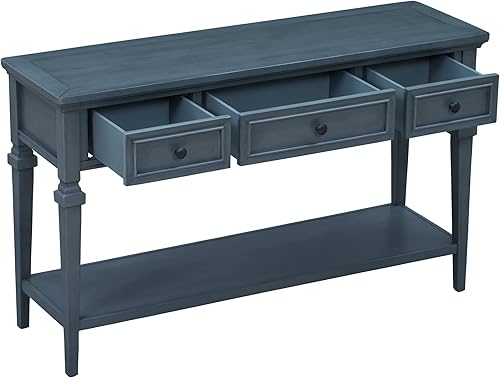 Miniatura 6 de Royard Oaktree Mesa consola de 50 pulgadas, estilo retro clásico, con 3 cajones de almacenamiento y estante inferior, mesa auxiliar estrecha de