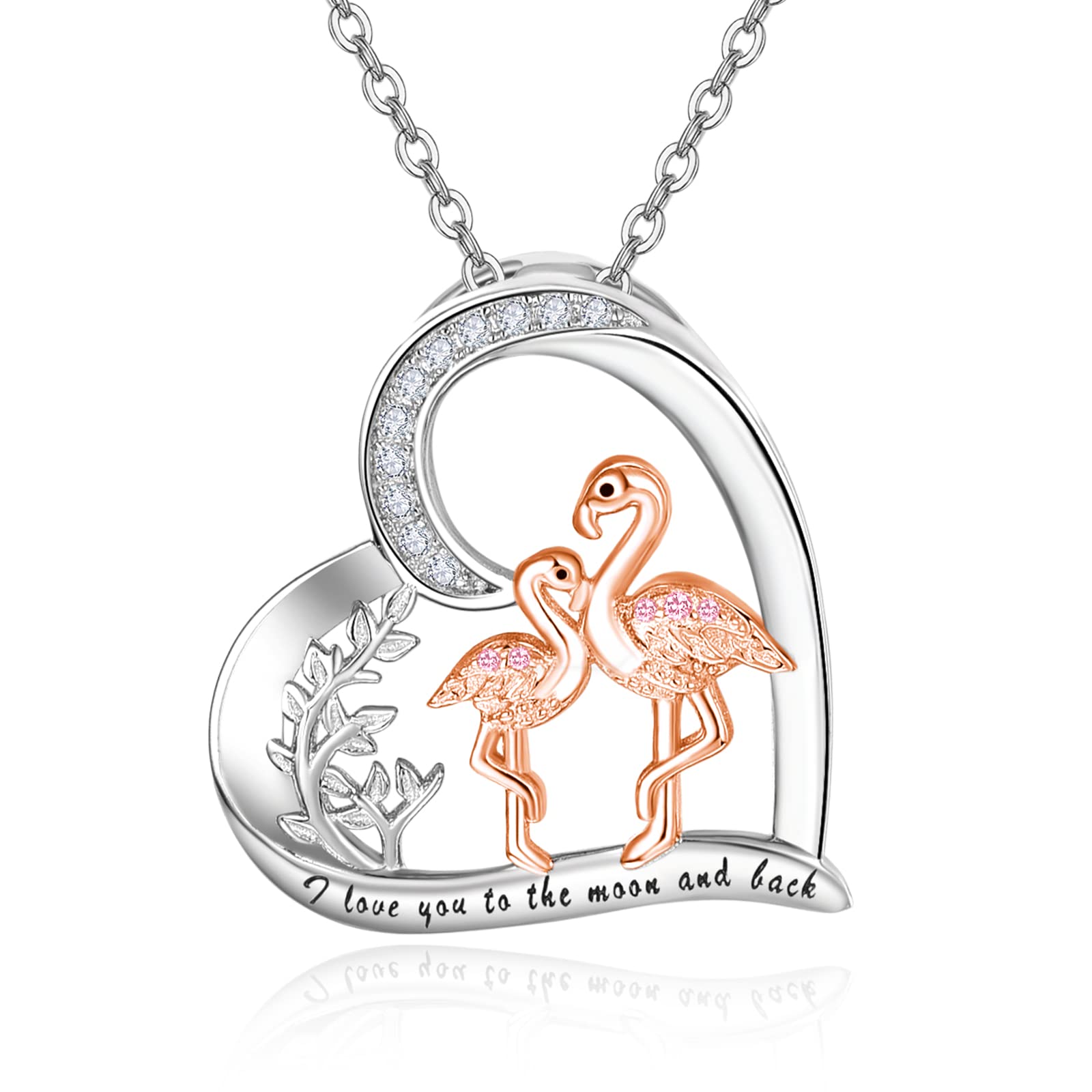 KINGWHYTE Pink Flamingo Necklace 925 Sterling Silver Heart Pendant Necklaces Animal Jewelry Birthday Valentine's Day Gifts for Women