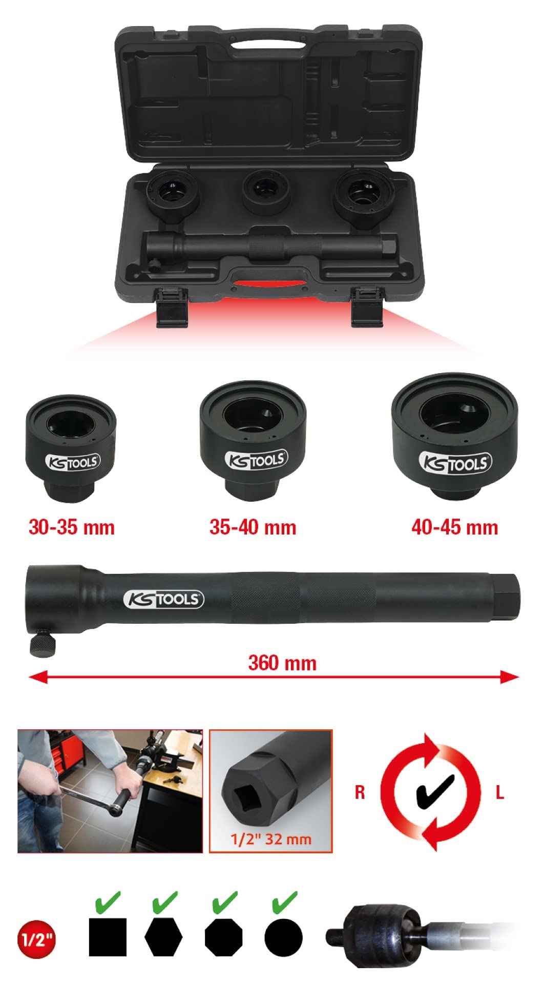 KS Tools 150.1125 Bussola speciale per tiranti sterzo/snodi assiali, 4 pz