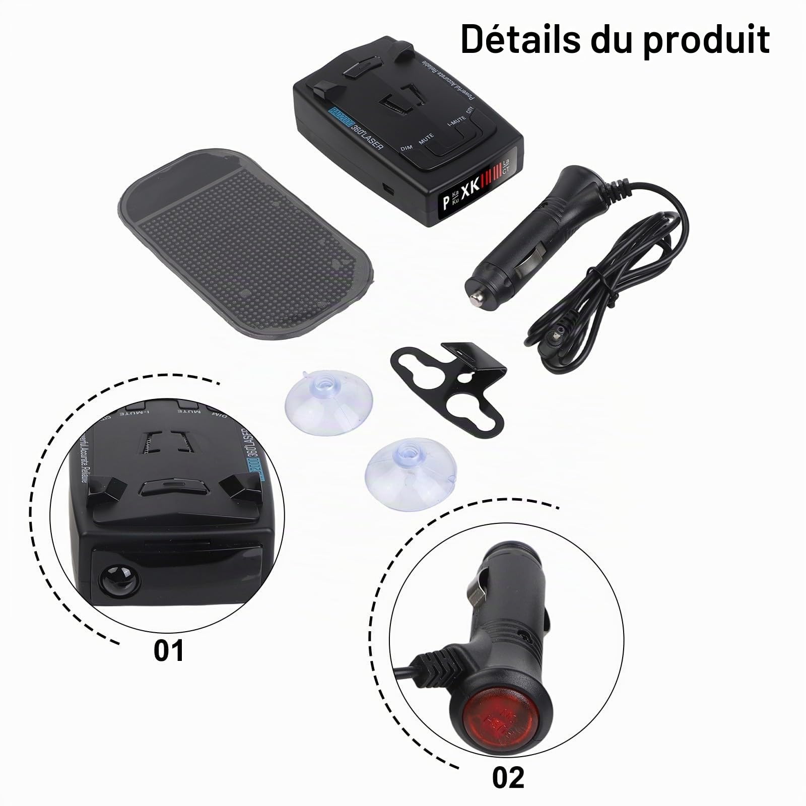 Whychstore Détecteur de radars de véhicule à longue portée, couverture à 360° avec alertes vocales, design compact ABS pour