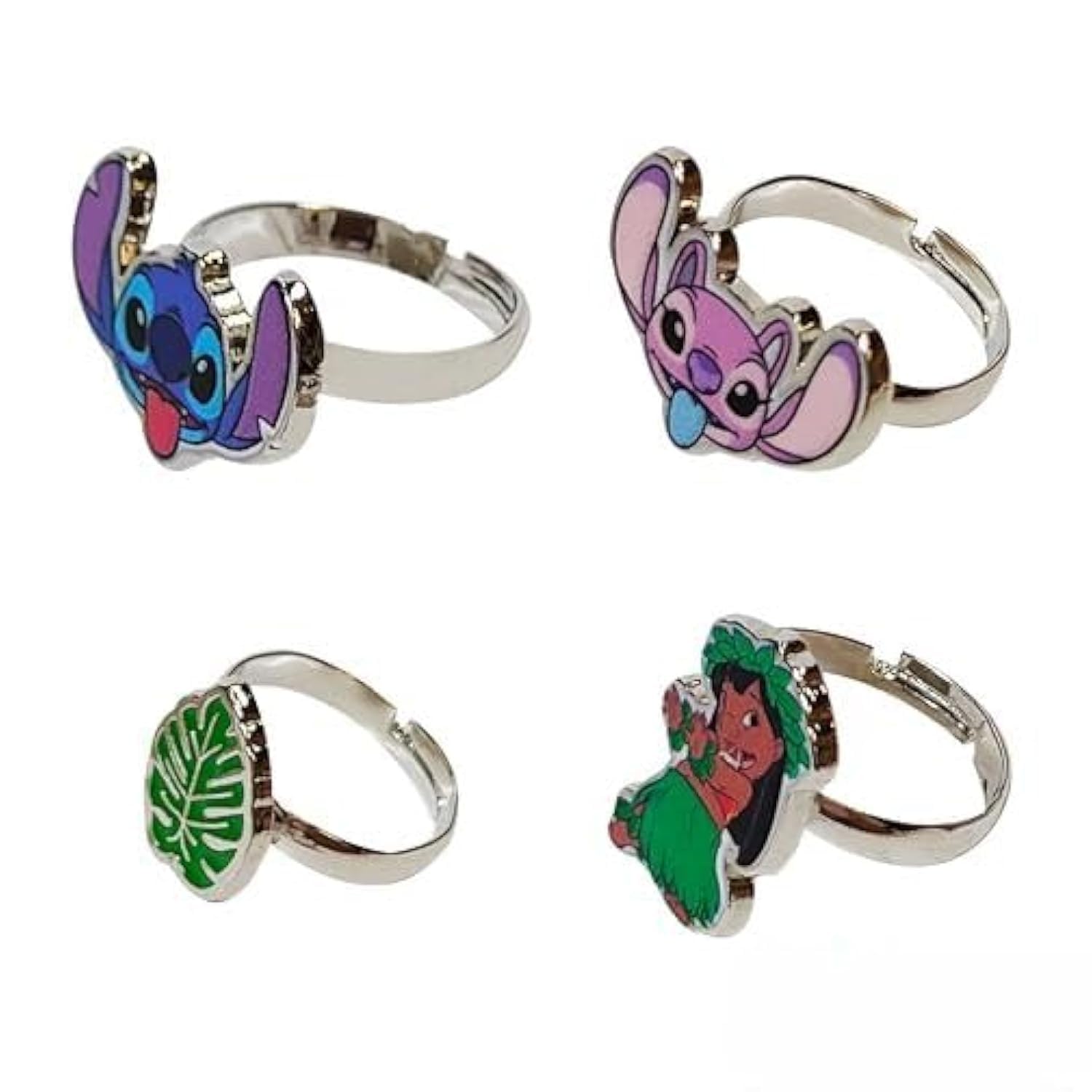 LUV HER Lilo Stitch Jewelry 4-Piece Adjustable Rings For Girls (Angel, Lilo Stitch Rings With Metal Charm) Dress Up For Girls Perfect Stitch Gifts For 6 Year Old Girl Kids Ring Disney Ages4