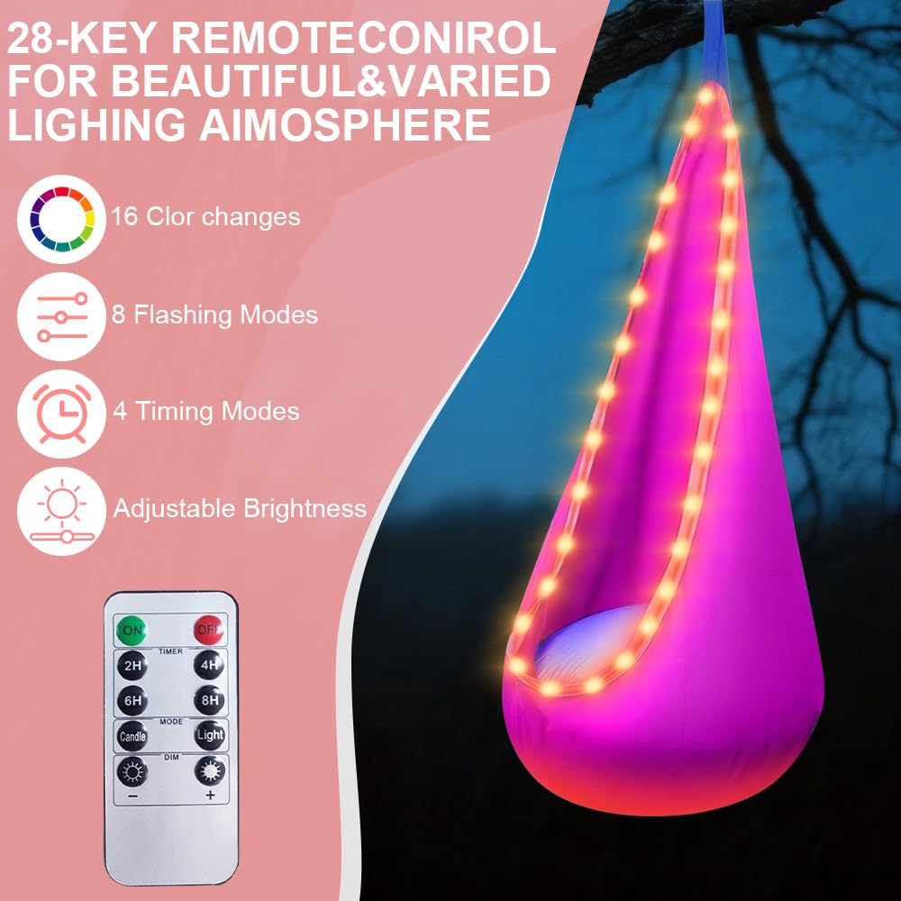 Cueva colgante, asiento de columpio con LED y cojín inflable, asiento colgante con bomba, soporta hasta 80 kg – 70 x 150 cm (rosa)