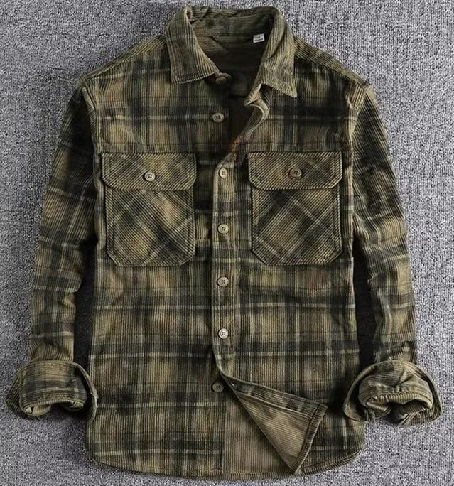 Men's Plaid Shirts Long Sleeve Button Down Washed Corduroy Shirts Casual Vintage Lightweight Shirt Jacket - Image 5