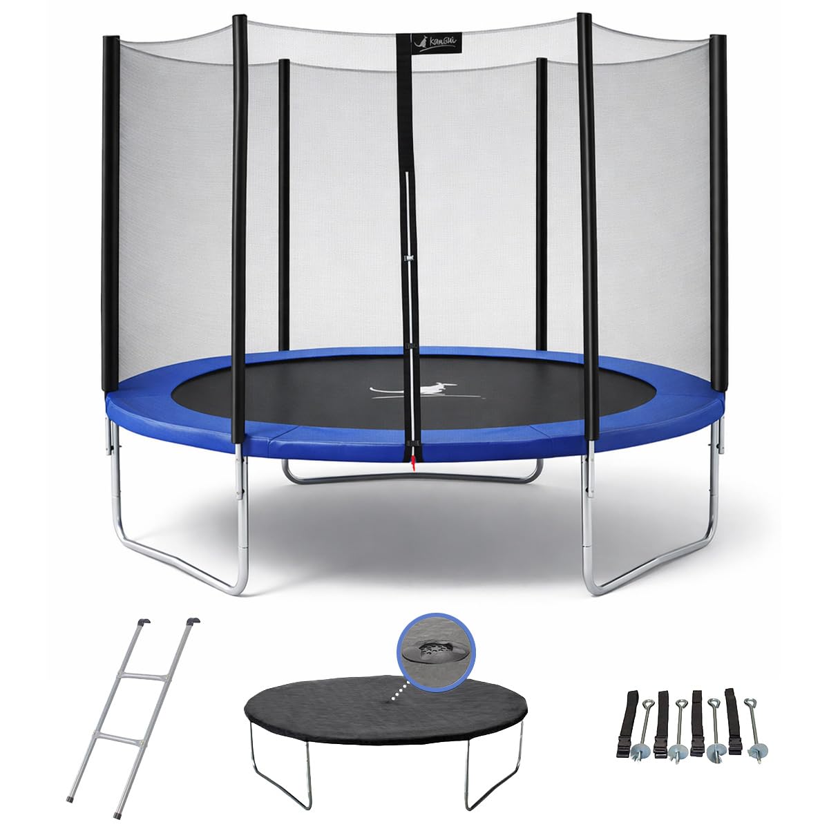KANGUI Trampoline Enfant extérieur avec Filet de sécurité + échelle, Couverture de propreté et kit d’ancrage – Jardin – Ø250 Ø300 Ø360 Ø430 cm – Bleu