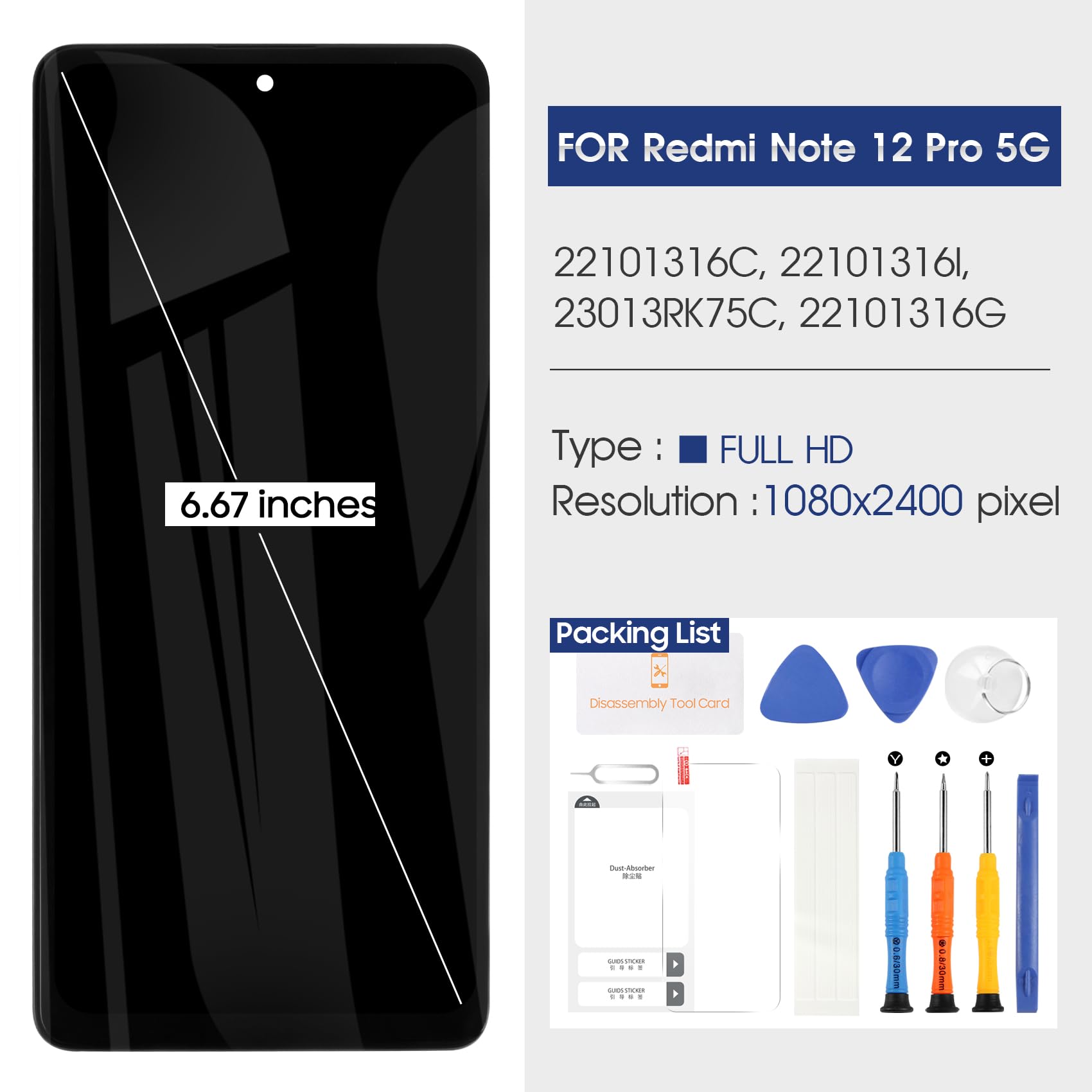 Para Xiaomi Redmi Note 12 Pro 5G LCD Pantalla Reemplazo - para Redmi Note 12 Pro 5G LCD Pantalla Táctil 22101316C 22101316I 22101316G Digitalizador Reemplazo Vidrio Montaje con Marco