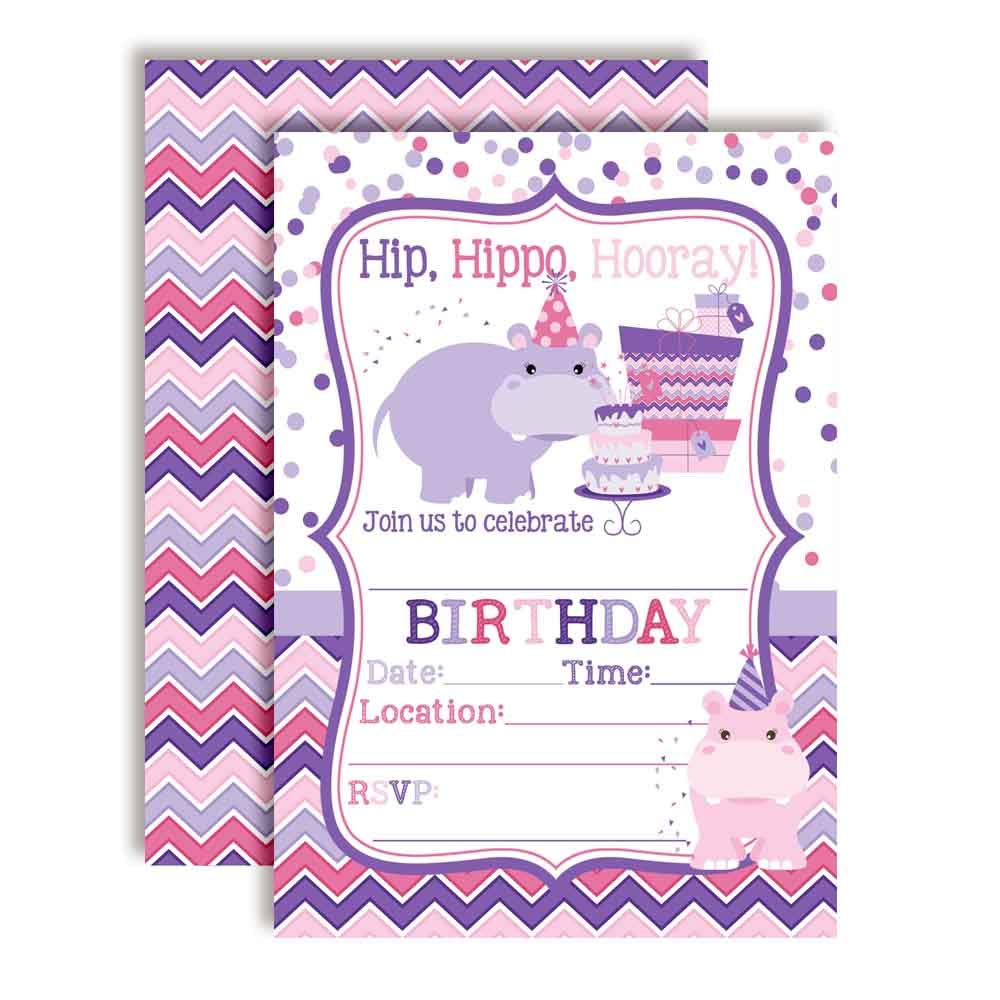 Amanda CreationHip Hippo Hooray Hippopotamus Themed Birthday Party Invitations for Girls, 20 5"x7" Fill in Cards with Twenty White Envelopes by