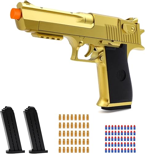 Pistola de juguete de bala suave dorada para niños, pistola de juguete realista con 50 balas de espuma, 40 conchas y 2 clips, regalo ideal de
