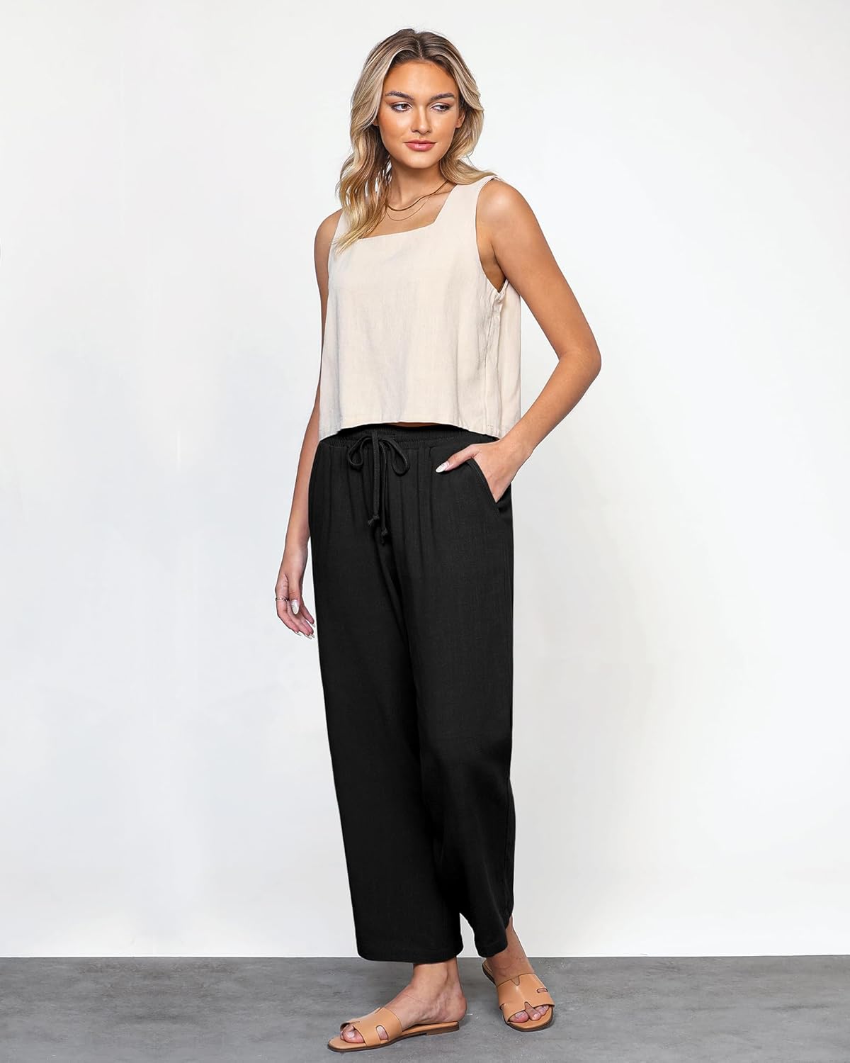 GRAPENT Linen Pants for Women High Waisted Wide Leg Capri Elastic Waist Casual Beach Flowy Cropped Summer Capris Pants - Image 5