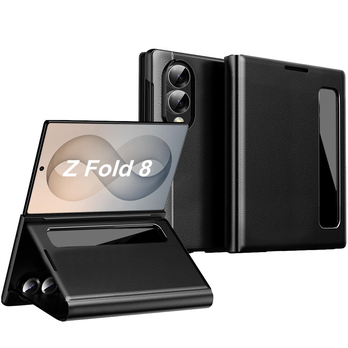Funda para Samsung Galaxy Z Fold 8, funda con ventana, con tapa, de piel sintética y PC, antigolpes, antihuellas dactilares, color negro