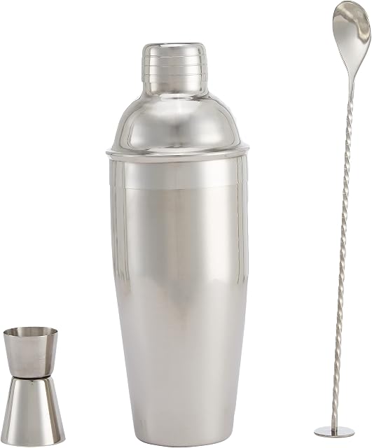 Amazon Basics 3-Piece Stainless Steel Bar Tool Set, 710-ml Shaker, Mixing Spoon, Jigger