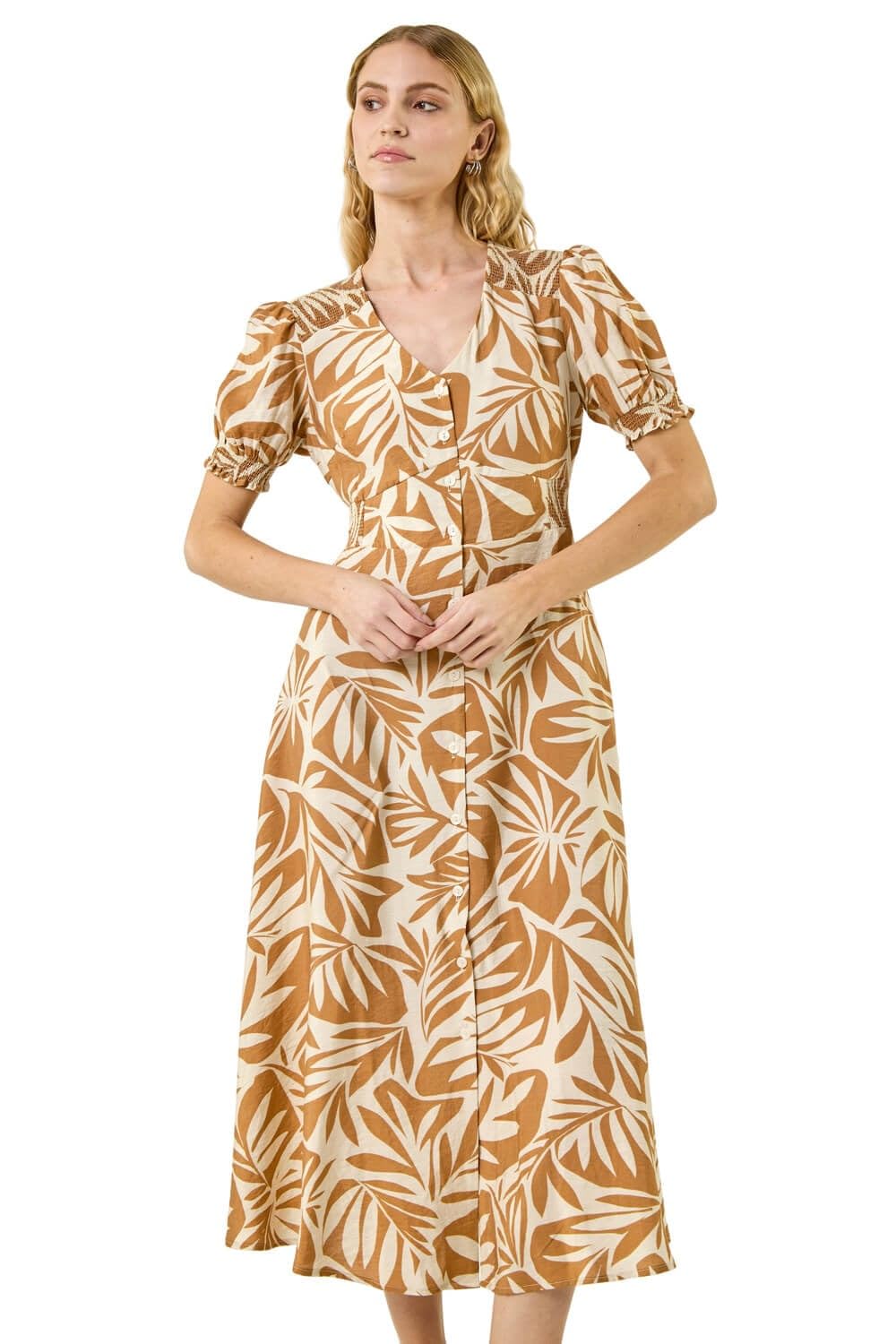 Roman Originals Women's Abstract Camel Swing Tea Dress Uk Skater Midi A Line Fit & Flare Summer Casual Smart Cocktail Party Going Out Work Cruise Button Through Long Pocket - Size 10