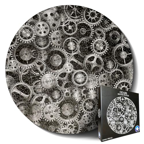 Jigsaw Puzzles for Adults 1000 Pieces Hard Puzzles for Adults and Kids - Unique Round Puzzle - Difficult Near Impossible Black and White Puzzles Fun Gear Puzzle by Spyglass Puzzles
