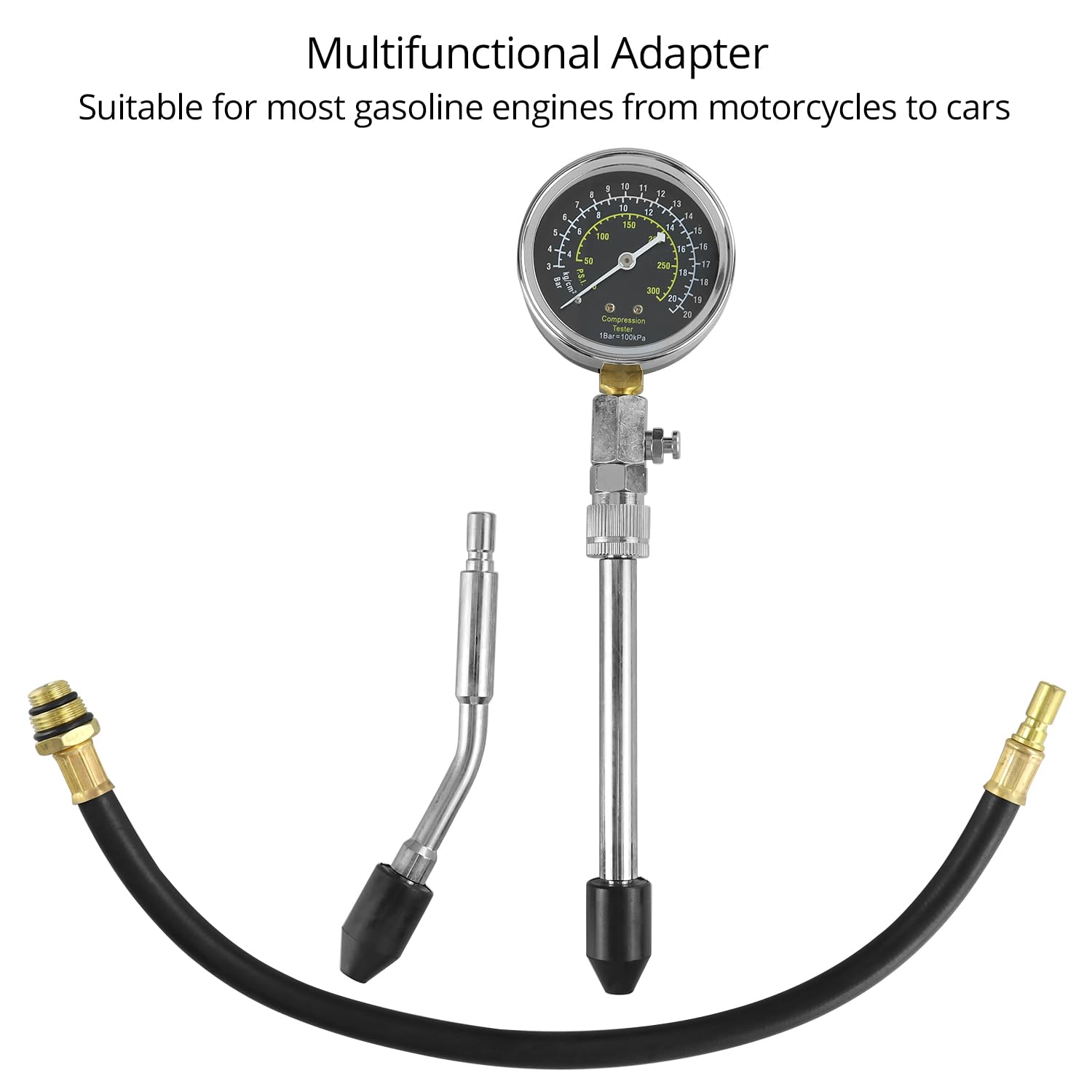 QWORK® Juego de comprobador de compresión para motores de gasolina, medidor de compresión del cilindro del motor con rango de medición de 300 PSI, incluye adaptador M10 M12 M14 M18