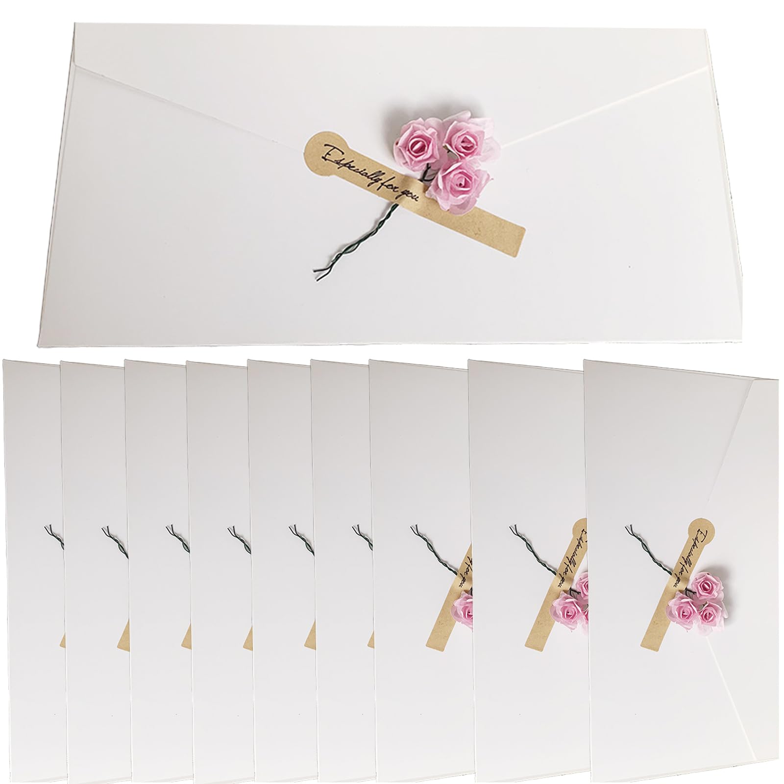 10PCS Retro Kraft Paper Gift Envelopes with Handmade Dried Flower Blank Long Invitation Envelopes V Flap Money Envelope with Sticker Handmade Paper Fancy Envelope for Wedding Festival Party