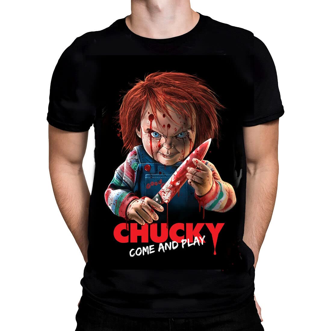 Come and Play Chucky Mens Tshirt Gothic Horror Halloween Print, Black Cotton T-Shirt, Movie Poster Tee