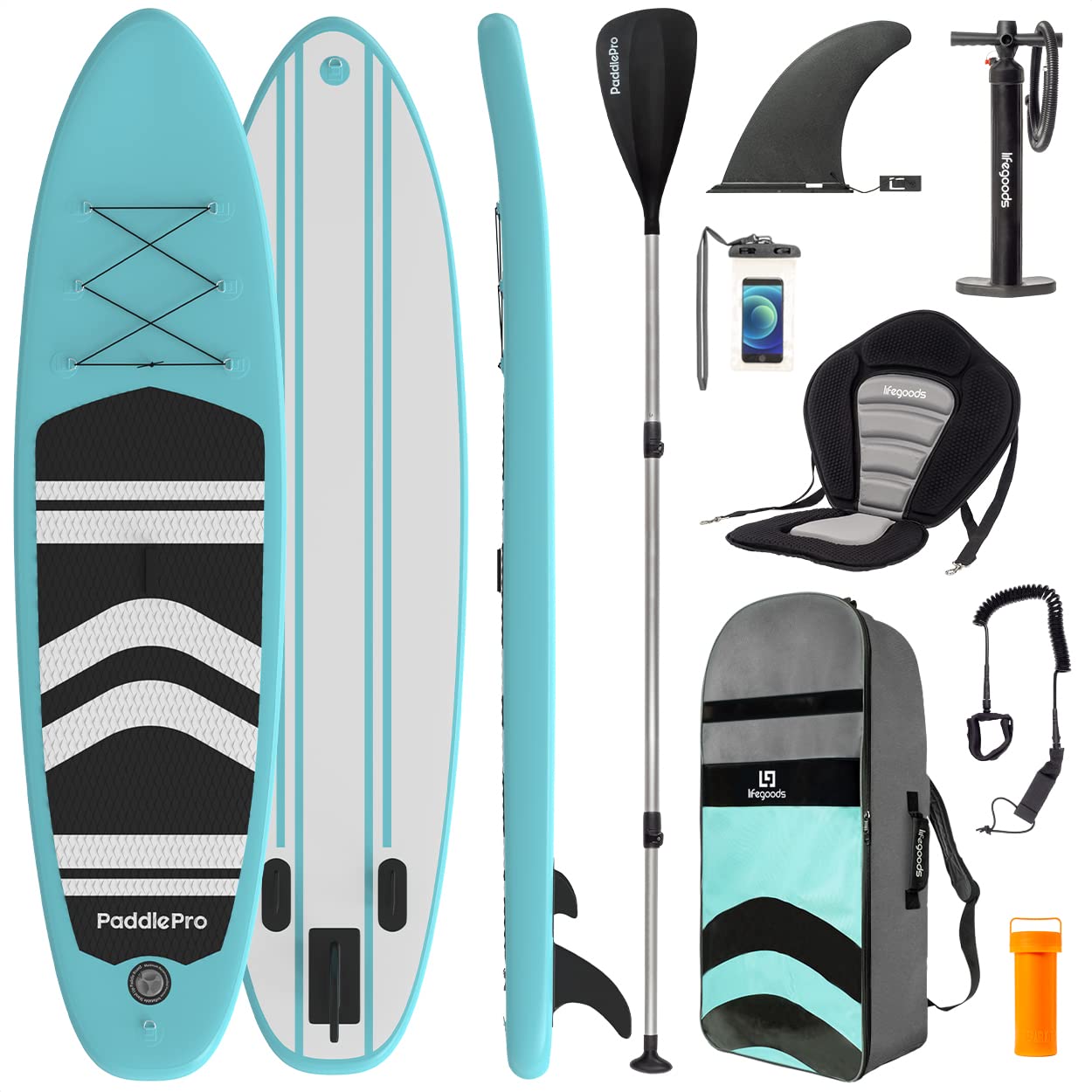 LifeGoods SUP Gonfiabile Adulti con Sedile - Stand Up Paddle - SUP Mare - Tavola Paddle Board Completa - Pagaia Regolabile - Pompa Inclusa - Max. 150KG - 320x81x15cm
