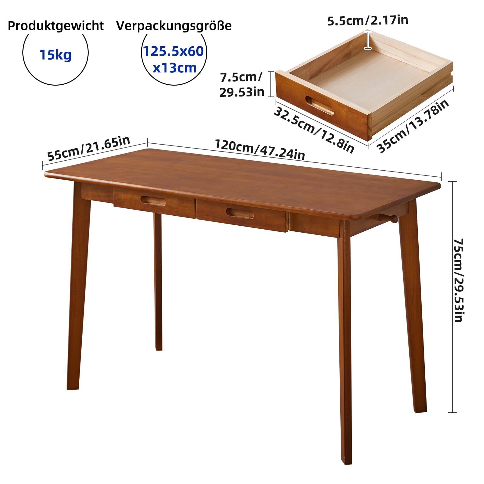 Aibiju Massivholz-Schreibtisch mit Schubladen, 120 cm Computertisch für modernen minimalistischen Stil, Home-Office-Schreibtische, Studenten-PC-Schreibtisch für Schlafzimmer, Braun YD-WD03H