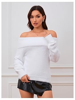 WDIRARA Women's Off Shoulder Fuzzy Knit Layered Off Long