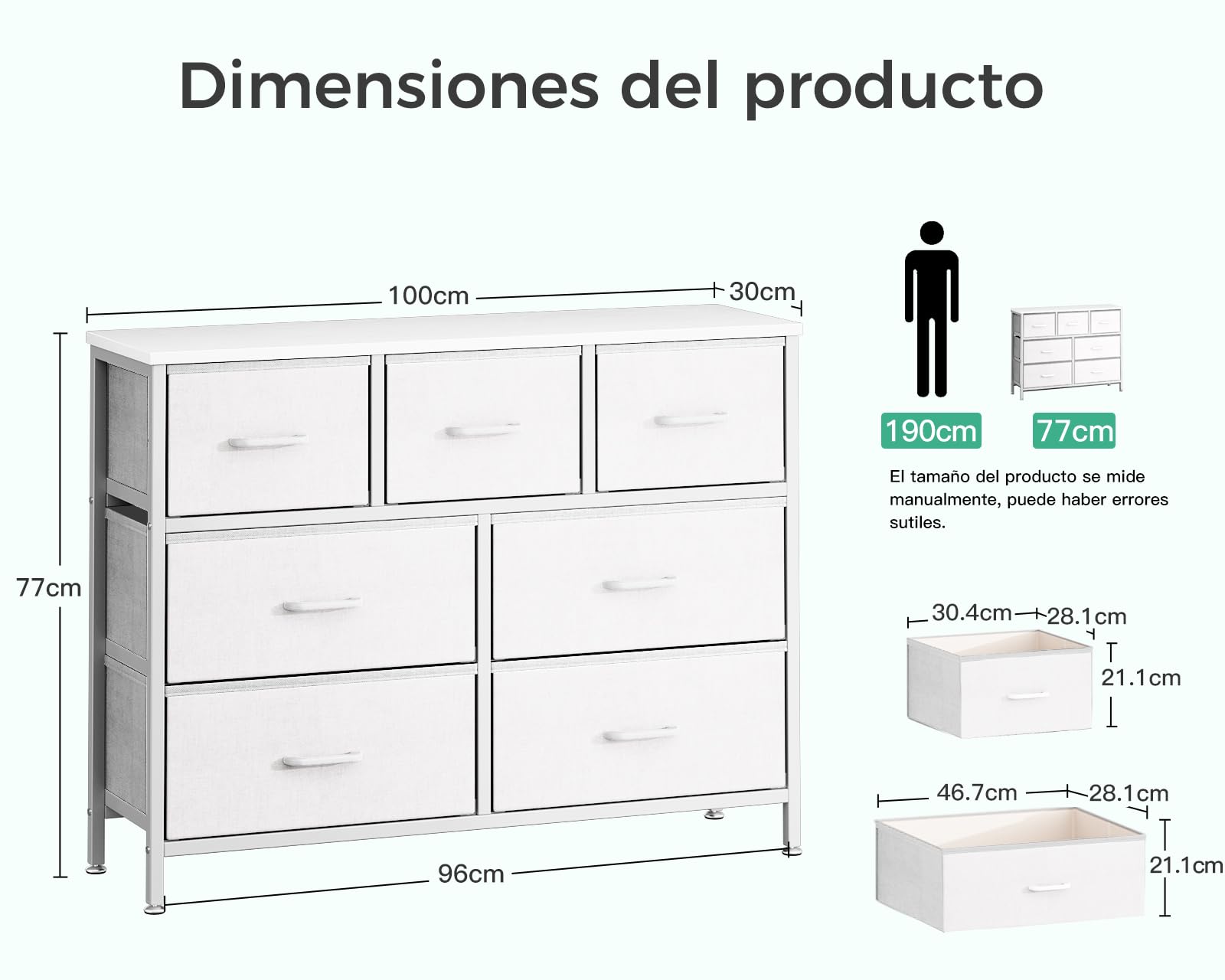 Coleshome Comoda Dormitorio con 7 Cajones de Tela, La Cajonera con una Robusta Estructura de Acero y Patas Ajustables, Ideal para Dormitorio y Salón. Medidas: 100 x 30 x 77 cm, Blanco