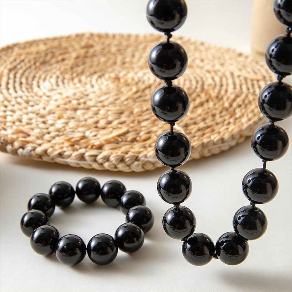 Black Bead Necklace and Bracelets Set for Women Chunky White Beaded Statement Necklaces Big Ball Choker Collar Large Beads Bold Jewelry Accessories - Image 5