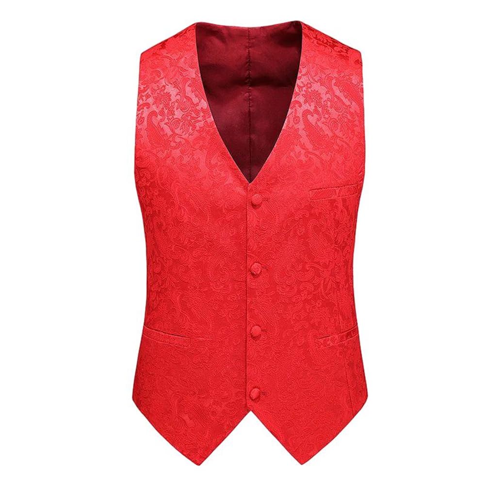 Blazer Gilet Uomo Slim Fit Scollo V Abito Gilet Uomo Tinta Unita Stampa Business Gilet Uomo Senza Maniche Casual Party Wedding Gilet Uomo E-Red 5XL