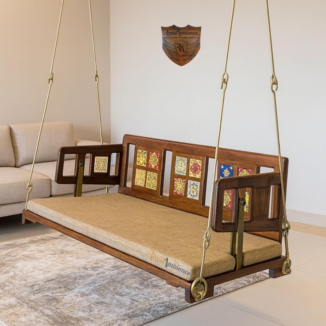 Wooden/Jhula Reversible Tile with Brass Coated Chain 52" Swing Without Cushion- Mannu