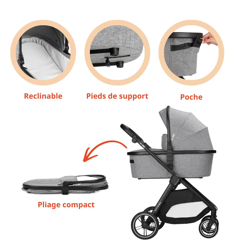 Nurse Wander Trio Poussette Bébé 3 en 1, Nacelle, Poussette et Siège Auto i-Size, Pliage Compact, avec Accessoires