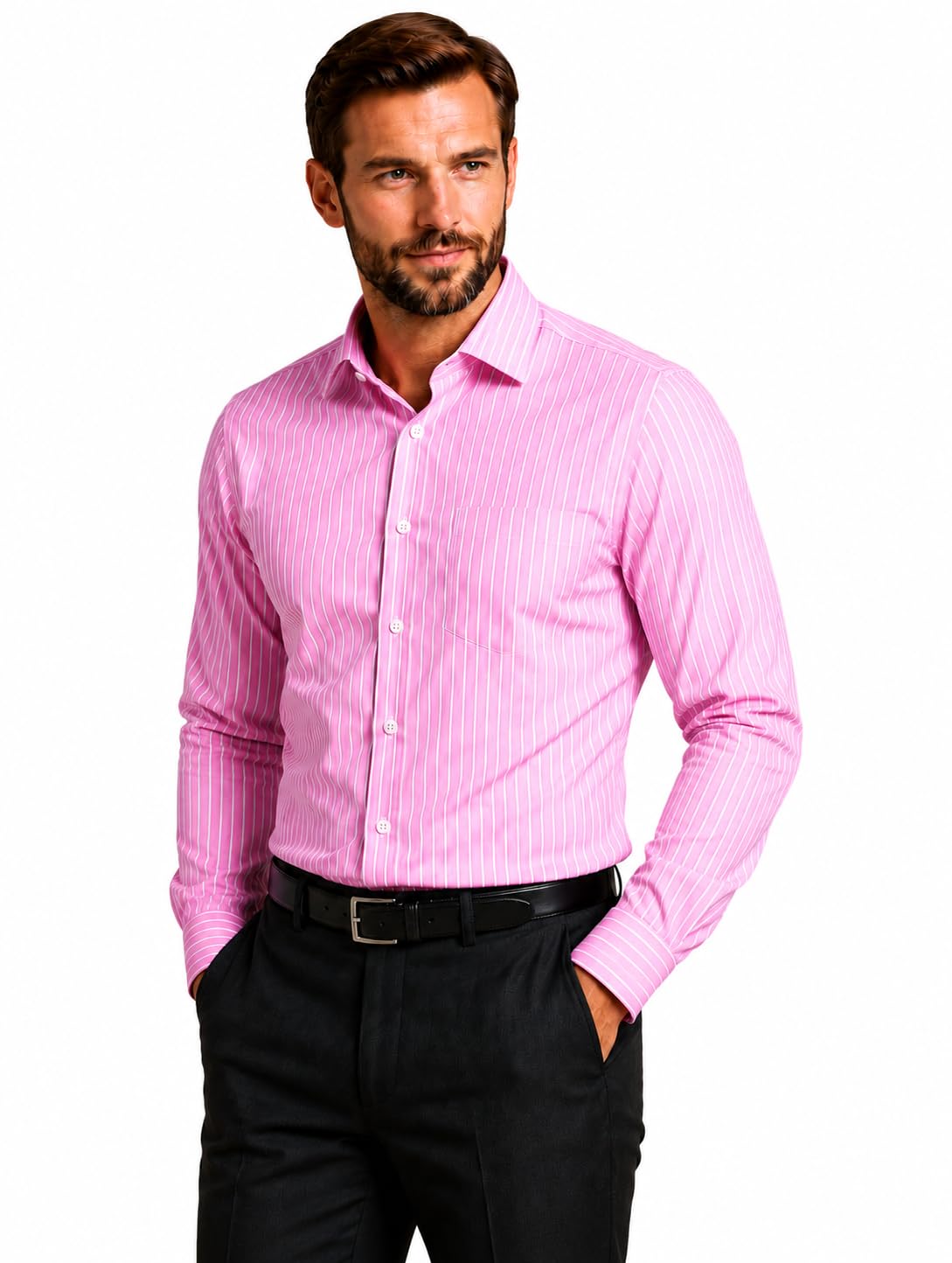 Men's Formal Striped Shirt Cotton Blend Full Sleeve Regular Fit Office Wear Business Casual Pink Shirt Wrinkle Resistant Button Down Collared Office with Pocket-image-42
