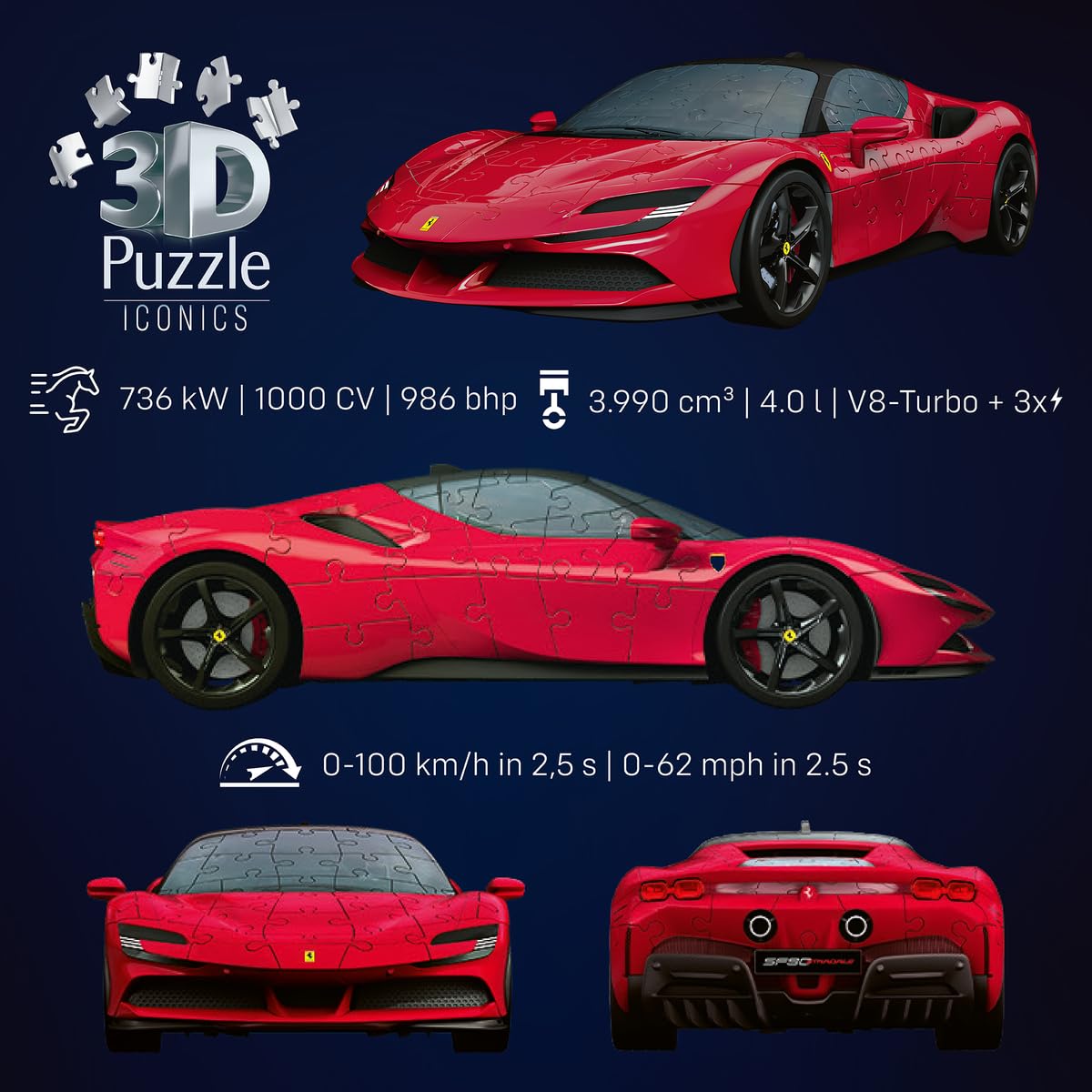 Ravensburger - Puzzle 3D Ferrari SF90 Stradale - Maquette de Voiture à Construire - Puzzle Voiture de Sport 3D sans Colle - 108 Pièces - Dès 8 Ans - 12008041