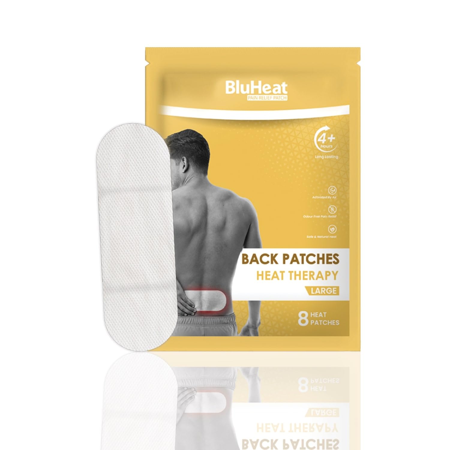 BluHeat Back Pain Relief Patches 8 Large Heat Therapy Patches Safe and Natural Odour-Free Air-Activated, Long-Lasting Ultimate Substitution for Hot Water Bags for All Skin Types