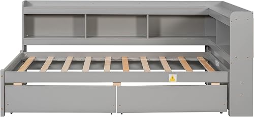 Miniatura 7 de Quarte Elegante cama de plataforma con estanterías en forma de L cama de plataforma de madera de tamaño individual con 2 cajones de almacenamiento