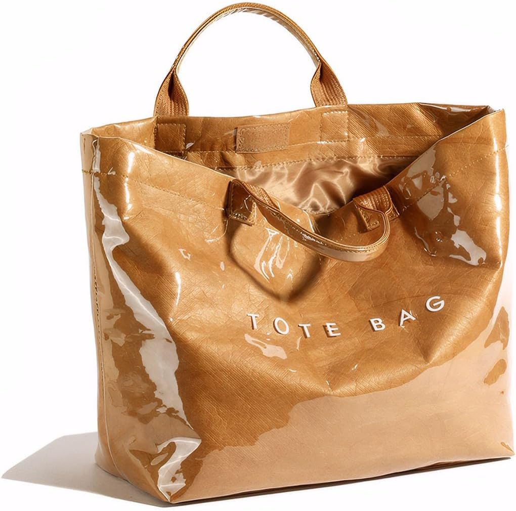 PVC Tote Bag for Women Large Tote Purse Kraft Paper Letter Print Hobo Handbags for Work Beach Shopping Travel