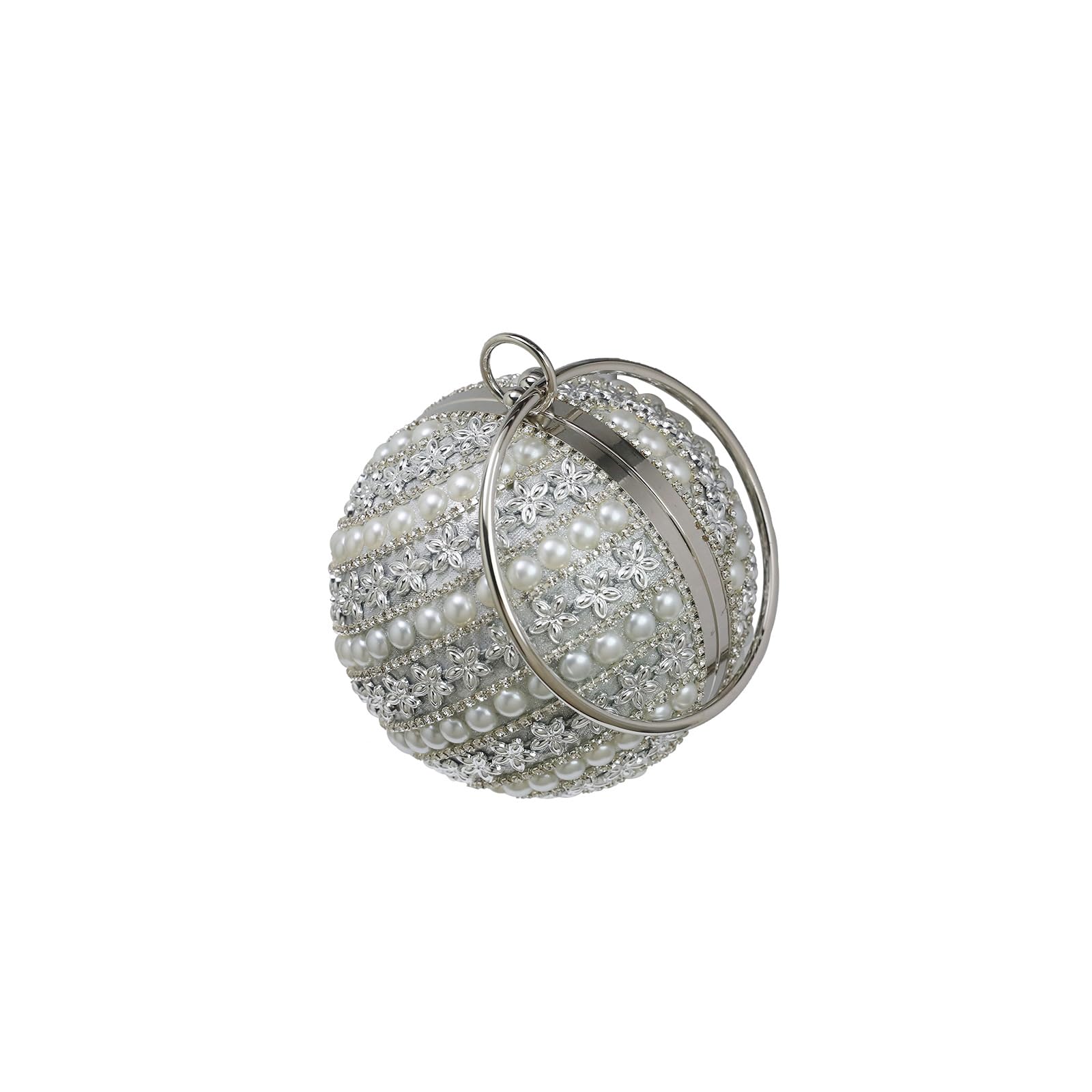 CORIOS Women's Round Ball Clutch Bag Rhinestones Evening Bag Sparkly Sequin Shoulder Bag Bridal Wedding Purse Glitter Crystal Crossbody Bag Flower Handbag for Banquet Prom Cocktail Party Silver