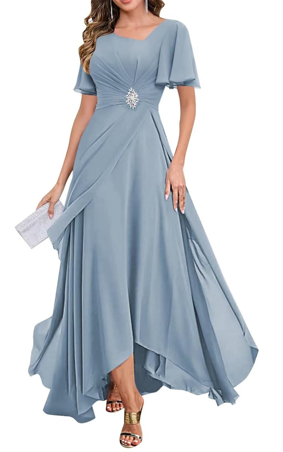 Yiann Women's Dusty Blue Flutter Sleeve Mother Of The Groom Dresses For Pleated Corset Long Wedding Guest Dress Uk18