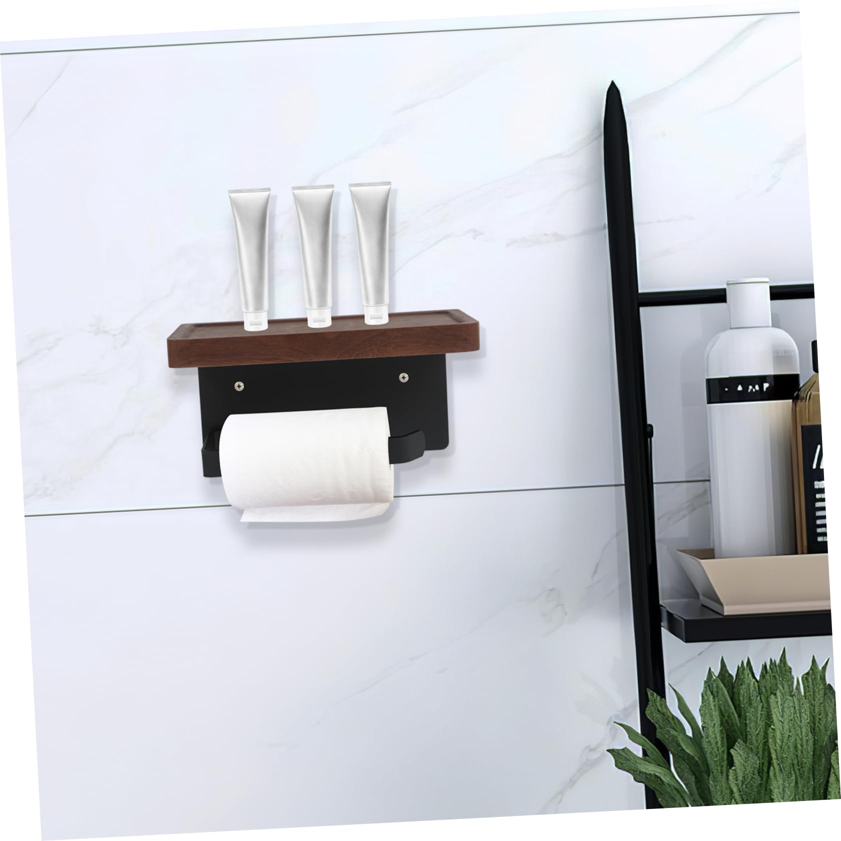 Porte-Rouleau de Papier Toilette Mural en Bois, Étagère Noire