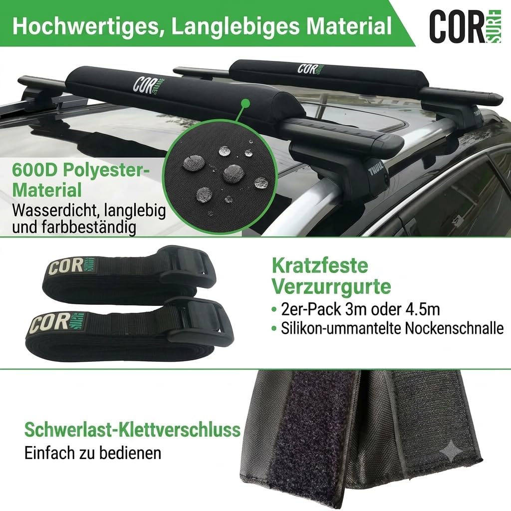 Aero-Dachgepäckträgerpolster und hochwertige, Kratzfeste Spanngurte mit Schnallen aus Silikon für Surfbretter, SUP-Boards, Kajaks und Kanus (Schwarz, 71CM Breit Pad & 3M Straps) von COR Surf