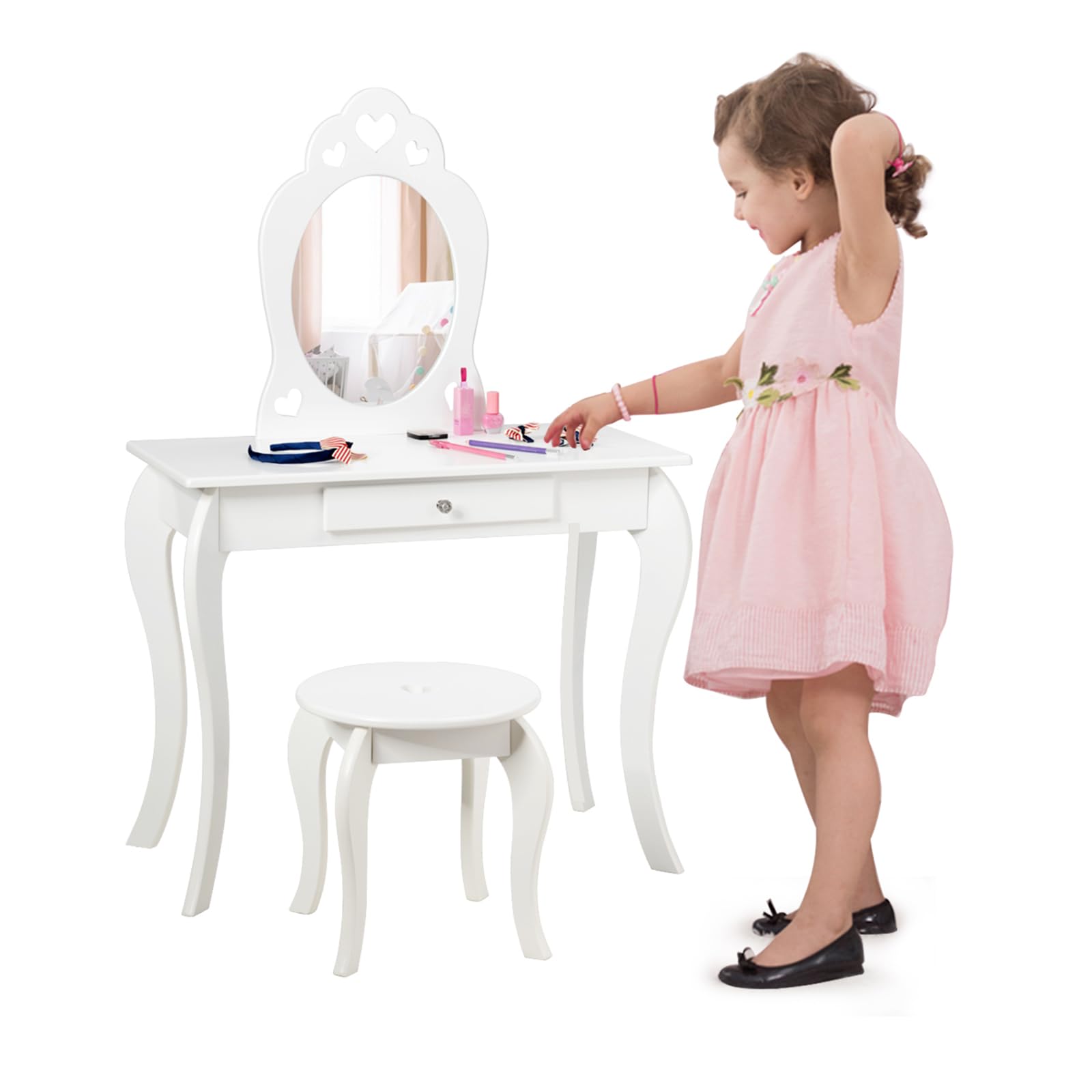 COSTWAY 2 in 1 Toeletta Trucco per Bambina 3+ Anni, Postazione Trucco Bambina con Specchio ad Alta Definizione Rimovibile, Set in Legno con Sgabello, Cassetto e Dispositivo Anti-ribaltamento (BIANCO)