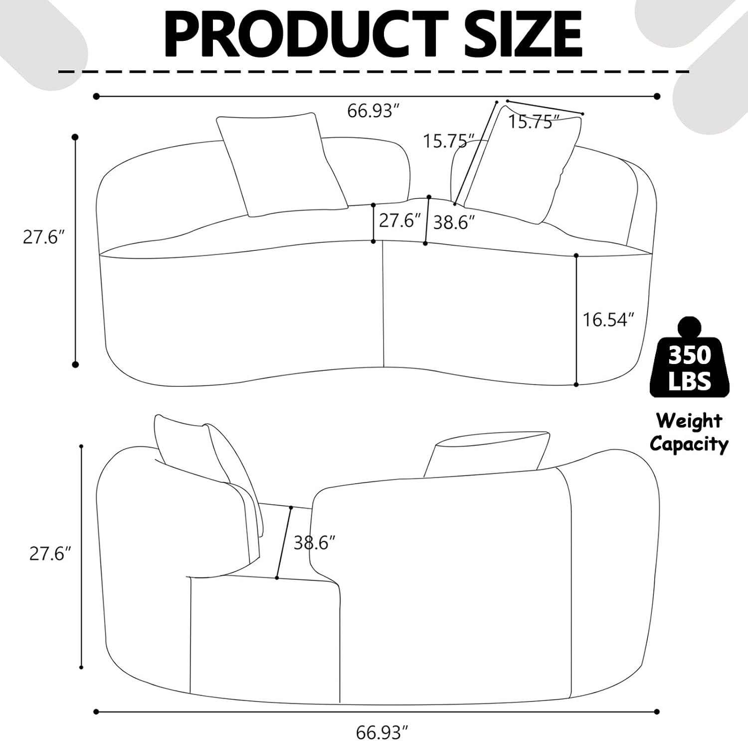 HRVEOCEI 67" White Curved Loveseat Sofa with 2 Pillows, Boneless Curved Couch with Round Armrest, Cloud Sofa for Living Room Bedroom Small Spaces, Teddy, Modern, Compressed, No Assembly (White-1)