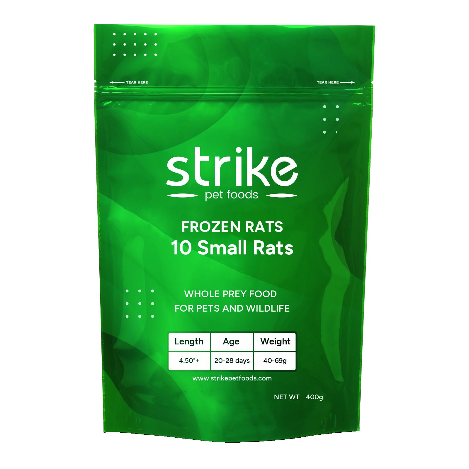 STRIKE Small Frozen Rats for Snake Food, Ideal Size for Adult Ball Pythons, Boas, and Large Carnivorous Lizards (40-69 Grams) (4.5+ inches), 10 Count