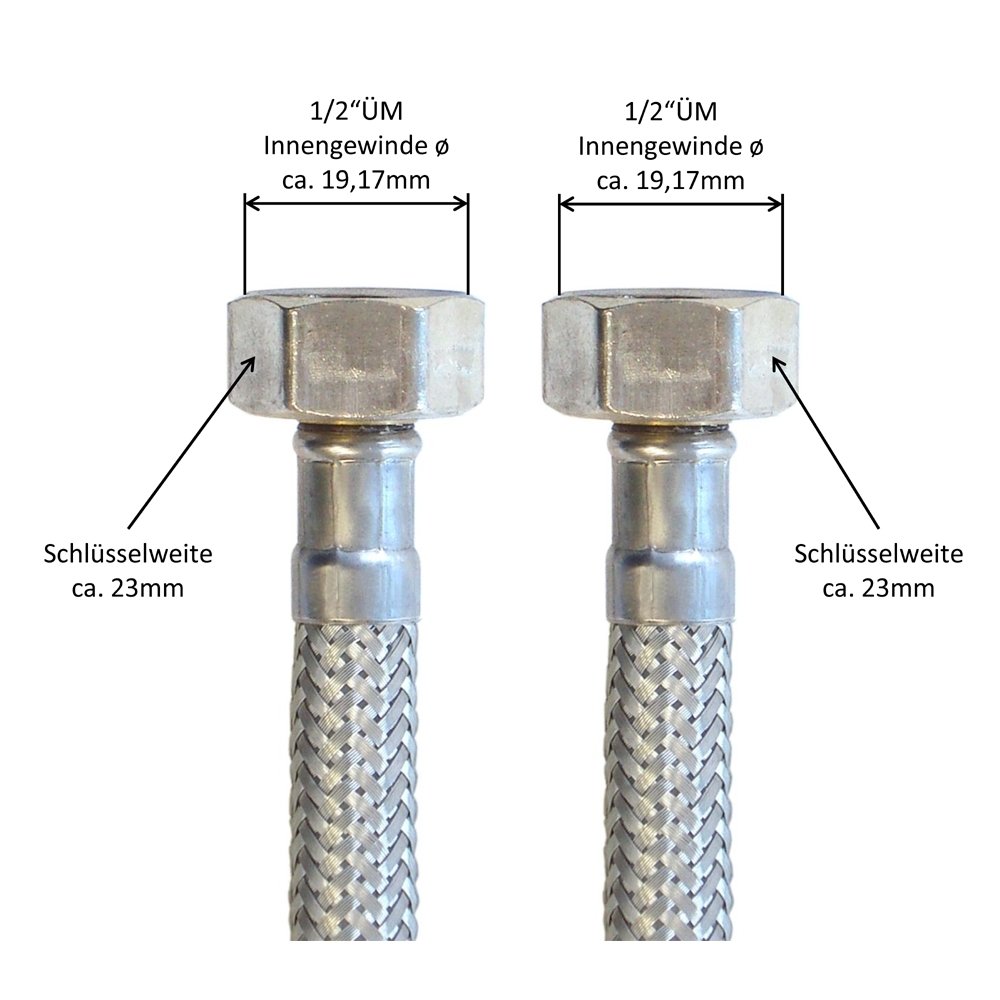 H2O-Flex® Panzerschlauch beidseitig 1/2 Zoll ÜM, Flexschlauch mit 2 x 1/2" Überwurfmutter DN8 für Sanitär Armaturen mit Trinkwasserzulassung 3000mm