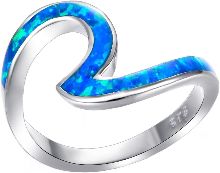 BlaikeAngol 925 Sterling Silver Wave Ring for Women, Blue Opal Wave Ring Size 5/6/7/8/9/10, Cubic Zirconia Rings Wave Ring Blue with Unique Design